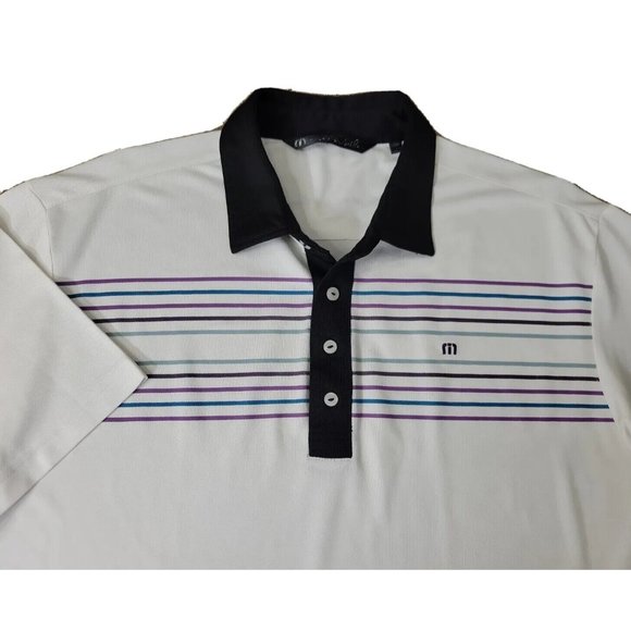 Travis Mathew Golf Men's Large White Stripe Polo Shirt Lightweight Knit Pique SS - Picture 1 of 9